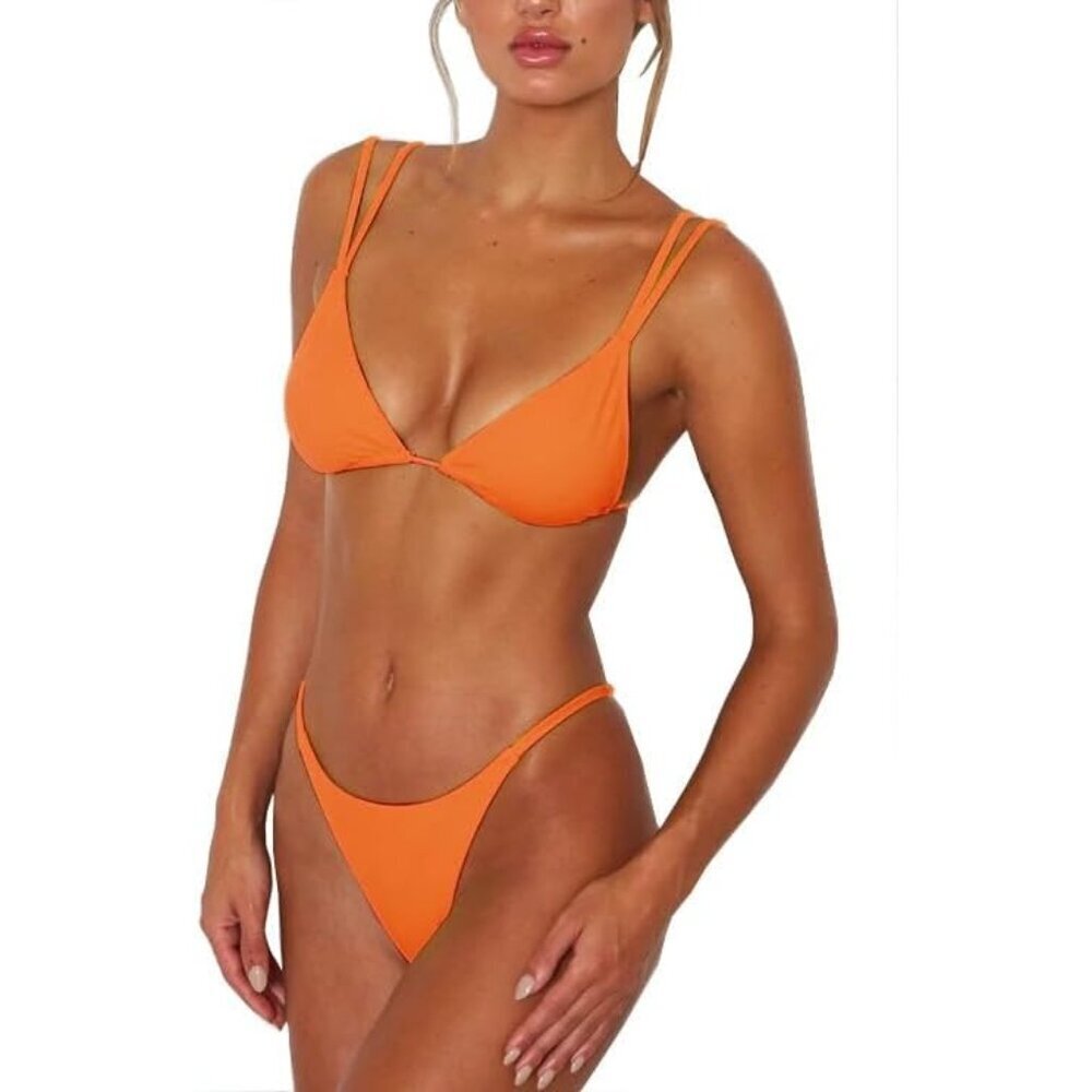 Women's Orange Gold Bikini Set Adjustable TREADS Thong Bottom Beachwear - Picture 2 of 7